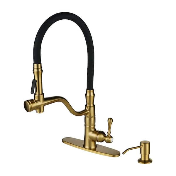 IVIGA Single Handle Pull Down Sprayer Kitchen Faucet with Soap Dispenser, Pull Out Spray Wand in Solid Brass in Gold