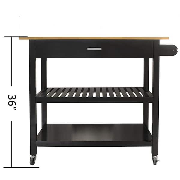 Donason Black Kitchen Cart with Rubber Wood Top and 2 Lockable Wheels