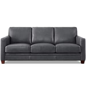 Naples 84 in. Square Arms Top Grain Leather Larson Rectangle 3-Seater Sofa in. Gray