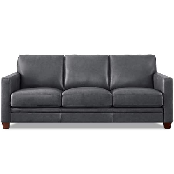 Hydeline Naples 84 in. Square Arms Top Grain Leather Larson Rectangle 3-Seater Sofa in. Gray