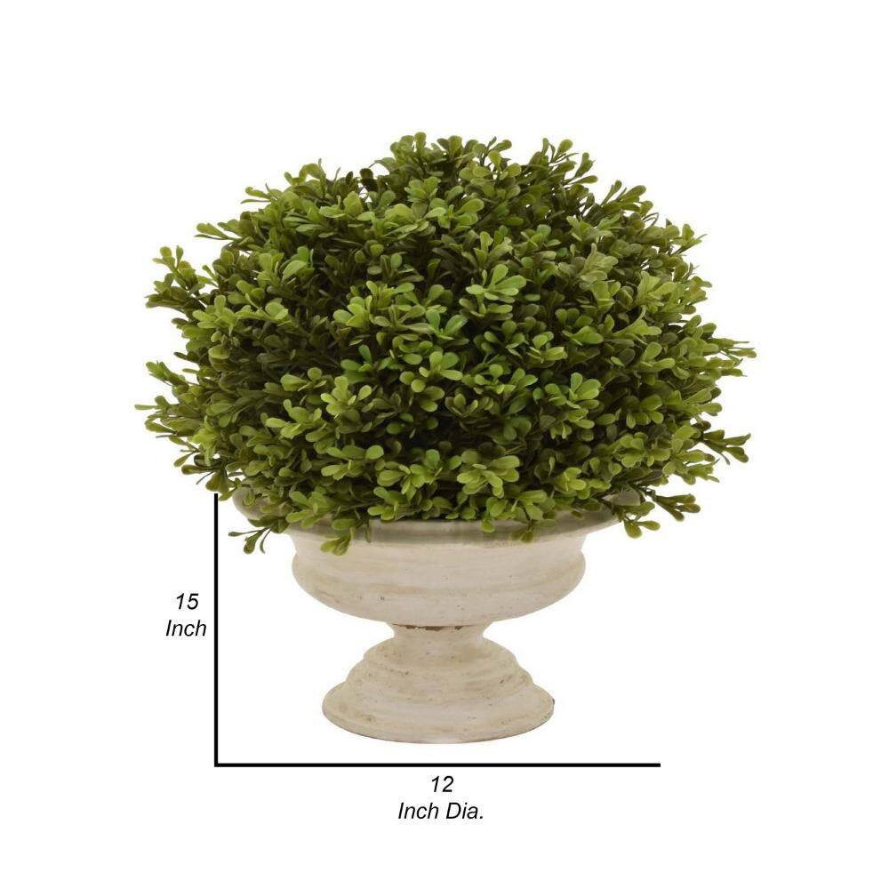 15-Inch Green Faux Boxwood Topiary Plant in Off-White Urn Pot