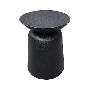 Josi 15.5 in. Matte Black Round Metal Handcrafted Side End Table, with Hammered Design and Drum Pedestal Base