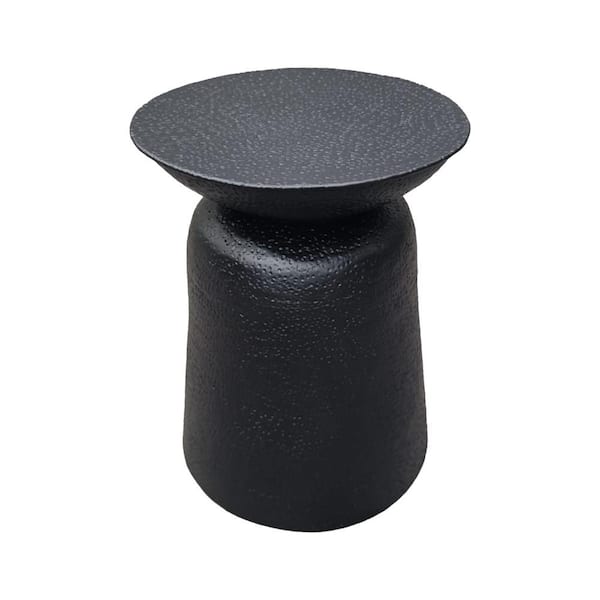 The Urban Port Josi 15.5 in. Matte Black Round Metal Handcrafted Side End Table, with Hammered Design and Drum Pedestal Base