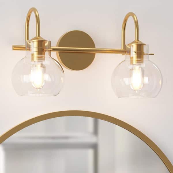 CLAVIE Gold Bathroom Light Fixtures 2- Light 15 in. W x 9 in. H Wall Sconces with Clear Glass Shade Vanity Light in Black
