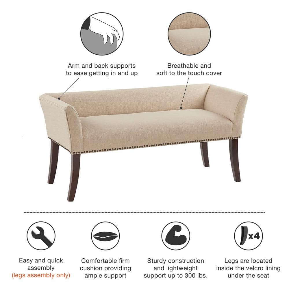 Morocco Wood Finish Cream Upholstered Accent Bench with Nailhead Trim