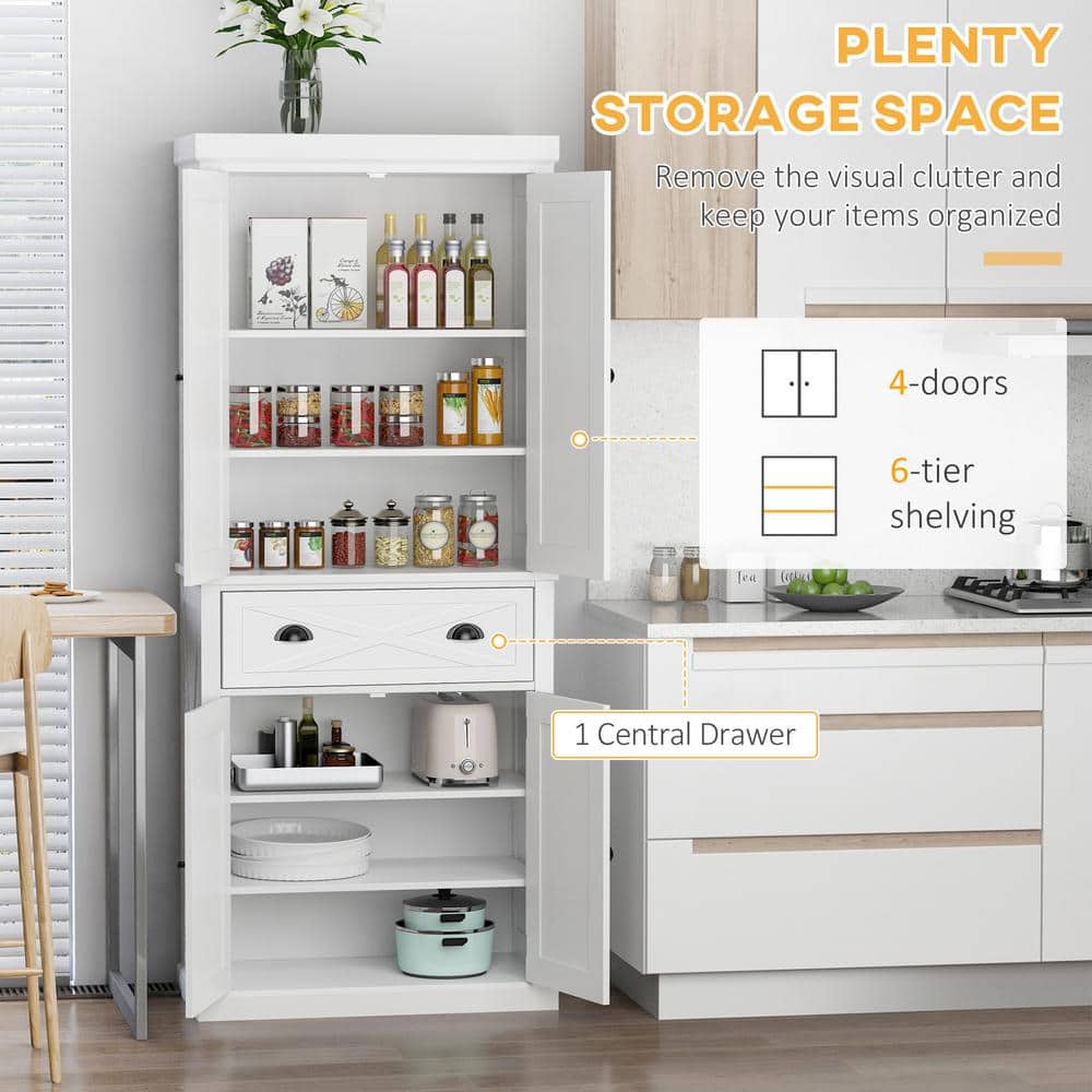 White Freestanding 4-Door Kitchen Pantry Cabinet with Drawer