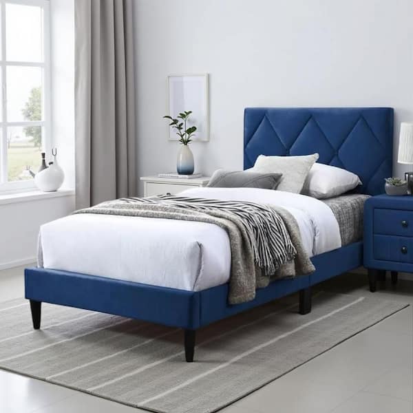 Lilian Navy Blue and Black Wood Frame Twin Platform Bed with Tufted Upholstered Headboard