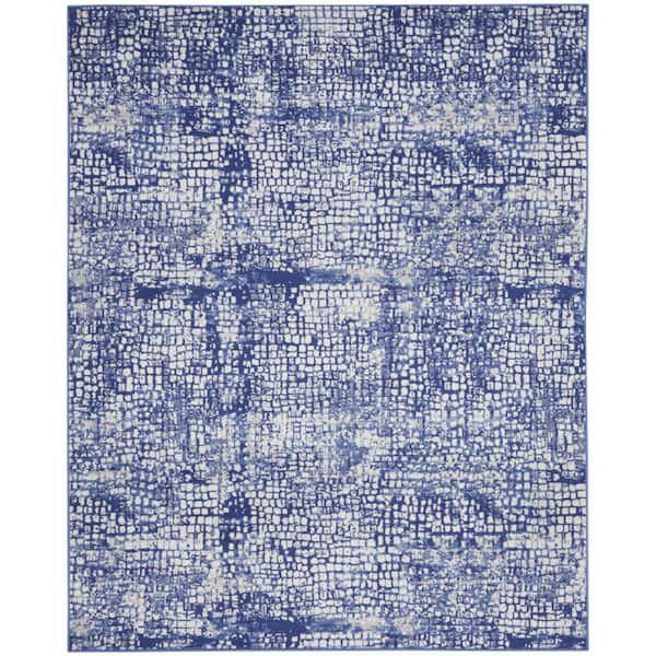7 ft. x 10 ft. White and Blue Abstract Distressed Non Skid Area Rug
