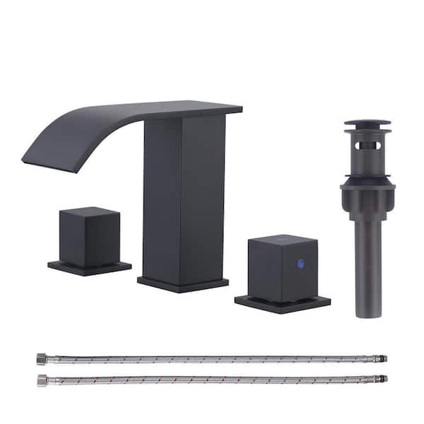 AVITAS 8 in. Widespread Double Knob Waterfall Bathroom Faucet with Pop-Up Drain in Spot Resist Matte Black