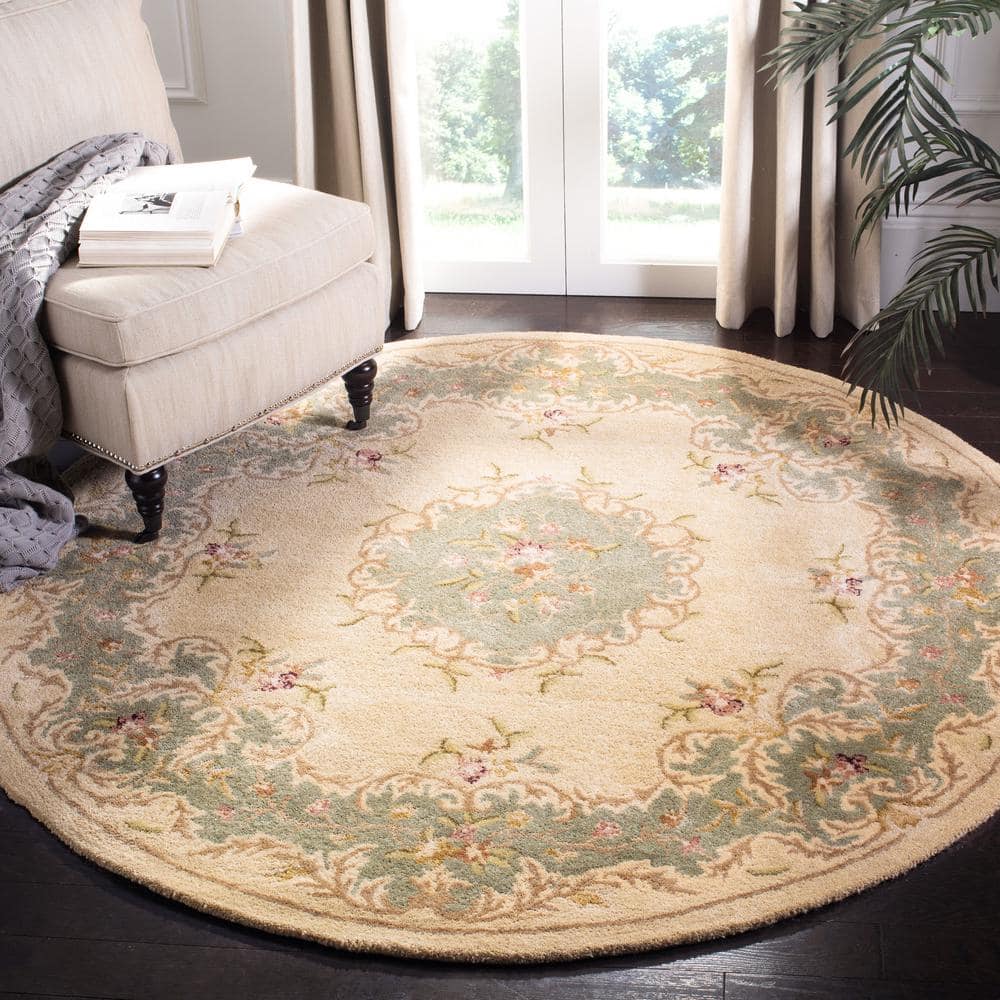 Ivory and Light Blue Round Hand-Tufted Wool Rug