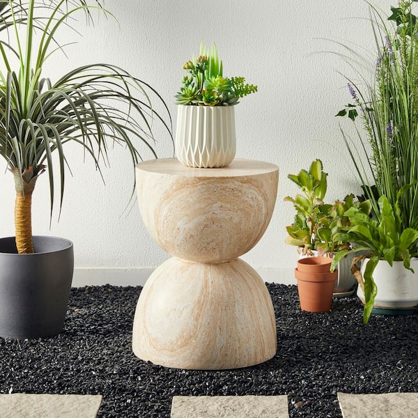 17.75 in. H Kits and Accessories MGO Hourglass-Style Faux Travertine Garden Stool or Planter Stand or Accent Table