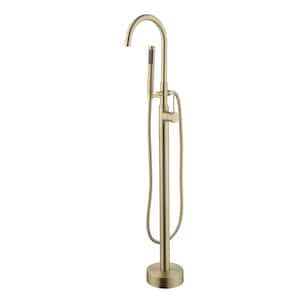 1-Handle Floor Mounted Freestanding Bathtub Filler with Diverter and Handshower in Brushed Gold