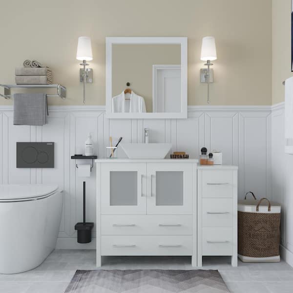 Vanity Art Ravenna 42 in. W Bathroom Vanity in White with Single Basin in White Engineered Marble Top and Mirror