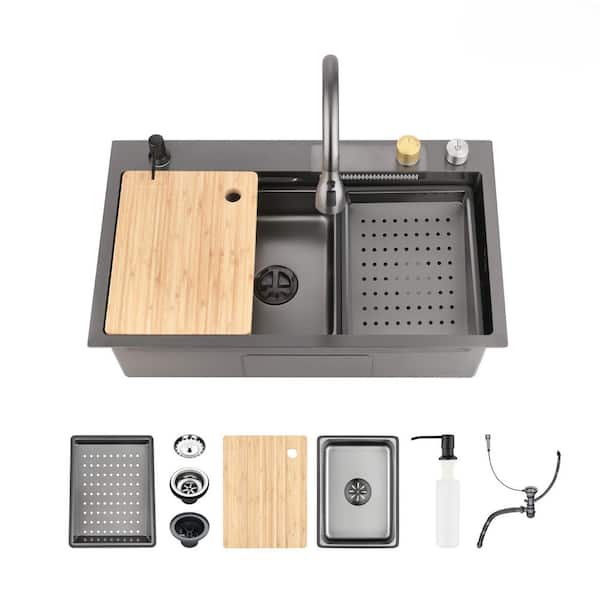 30 in. Drop-in Single Bowl 20 Gauge Black Stainless Steel Kitchen Sink with Faucet and Soap Dispenser, Soaking Bin