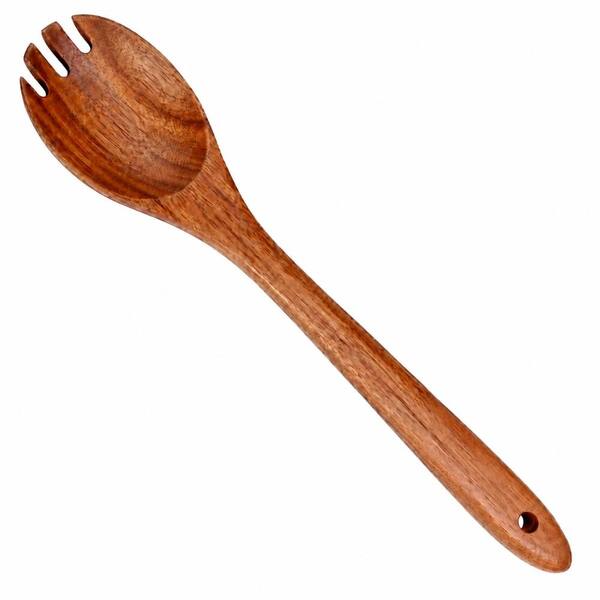 Wooden 2-in-1 Salad Spoon Fork Teak Wood Cooking Utensil with Long Handle for Tossing, Serving Pasta Mix
