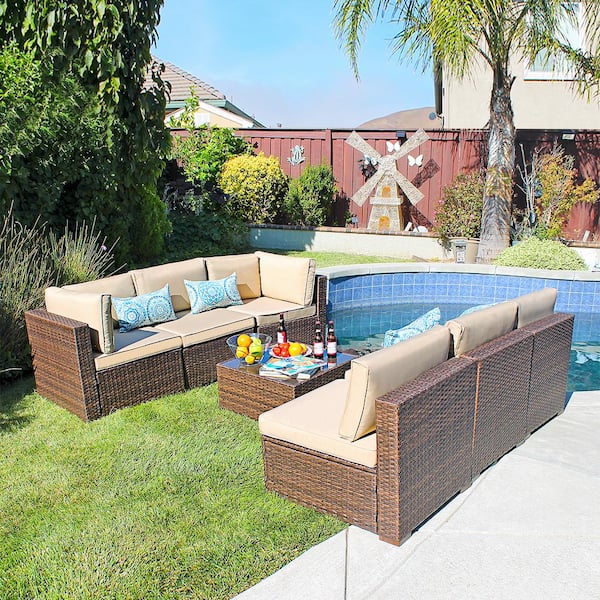 Freestyle patiorama wicker outdoor sectional set 2025 with beige cushions