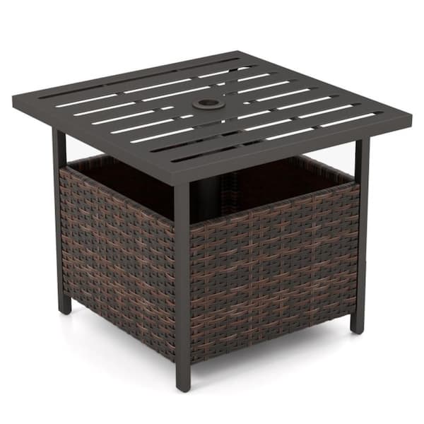 165 lb. Rattan Patio Umbrella Base in Brown, Umbrella Weighted Stand, Outdoor Side Table with Umbrella Hole 1.5 in.