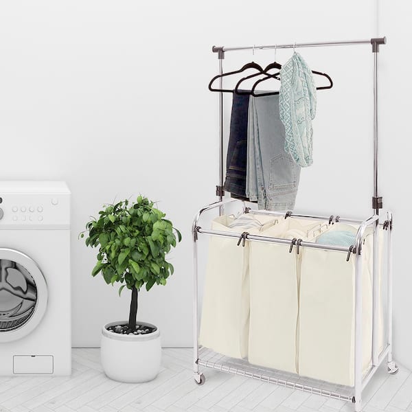 3 Section Aluminium Folding Laundry Cloth Basket Washing Hamper Bin Storage Bag 