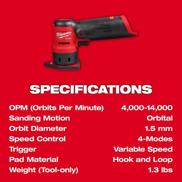 Milwaukee M12 FUEL Orbital Detail Sander (Tool-Only) w/M12 12-Volt 