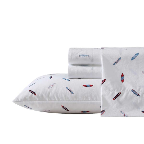 High Surf 4-Piece Navy Red Cotton Queen Sheet Set