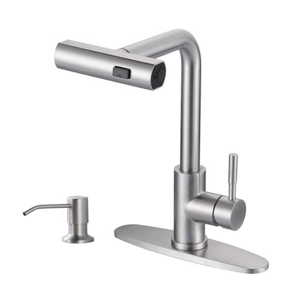 Brushed Nickel 3-Mode 13.5 in. H 360° swivel Pull-Out Sprayer Kitchen Faucet with Separate Soap Dispenser
