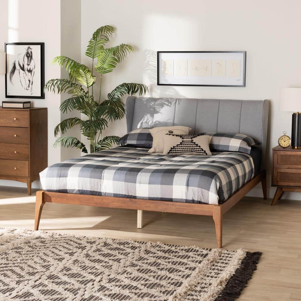 Royce Queen Walnut Wood Frame Gray Upholstered Wingback Bed