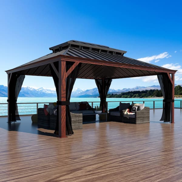 16 ft. x 12 ft. Wood Grain Aluminum Double Hardtop Gazebo with Netting