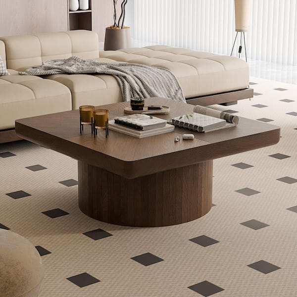 Giselle 34.6 in. Modern Walnut Square Wood Coffee Table with Parquet Wood Veneer and Cylindrical Base