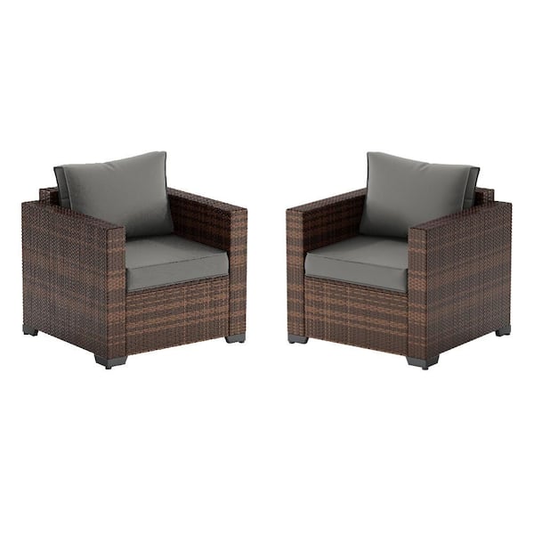 ELPOSUN All-Weather Ergonomic Arm Rust Proof Rattan Wicker Outdoor Patio Sectional Lounge Chair with Gray Cushions(2-Pack)