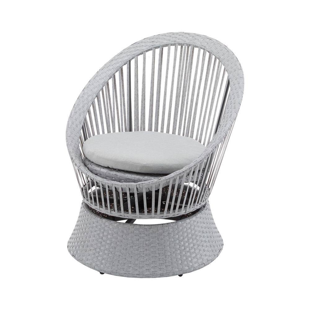 26.7 in. Modern Silver Wicker Outdoor Lounge Chair with Gray Cushions