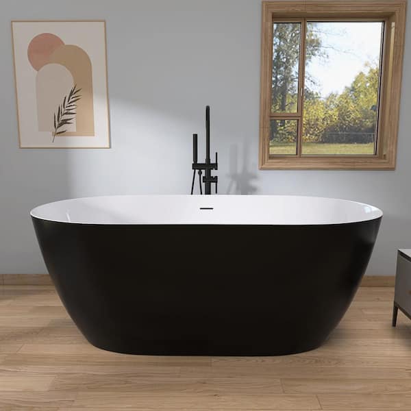 Getpro 59 in. x 29.5 in. Acrylic Free Standing Bathtub Flat Bottom Soaking Tub with Center Drain Freestanding Bathtub in Black