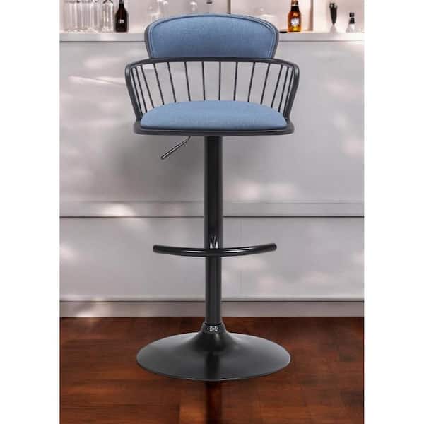 HomeRoots 33 in. Black and Blue Low Back Metal Bar Stool Fabric Seat