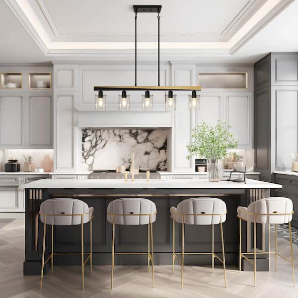 Modern 5-Light Black and Plated Brass Chandelier Kitchen Island Light with Cylinder Clear Glass Shades for Dining Room