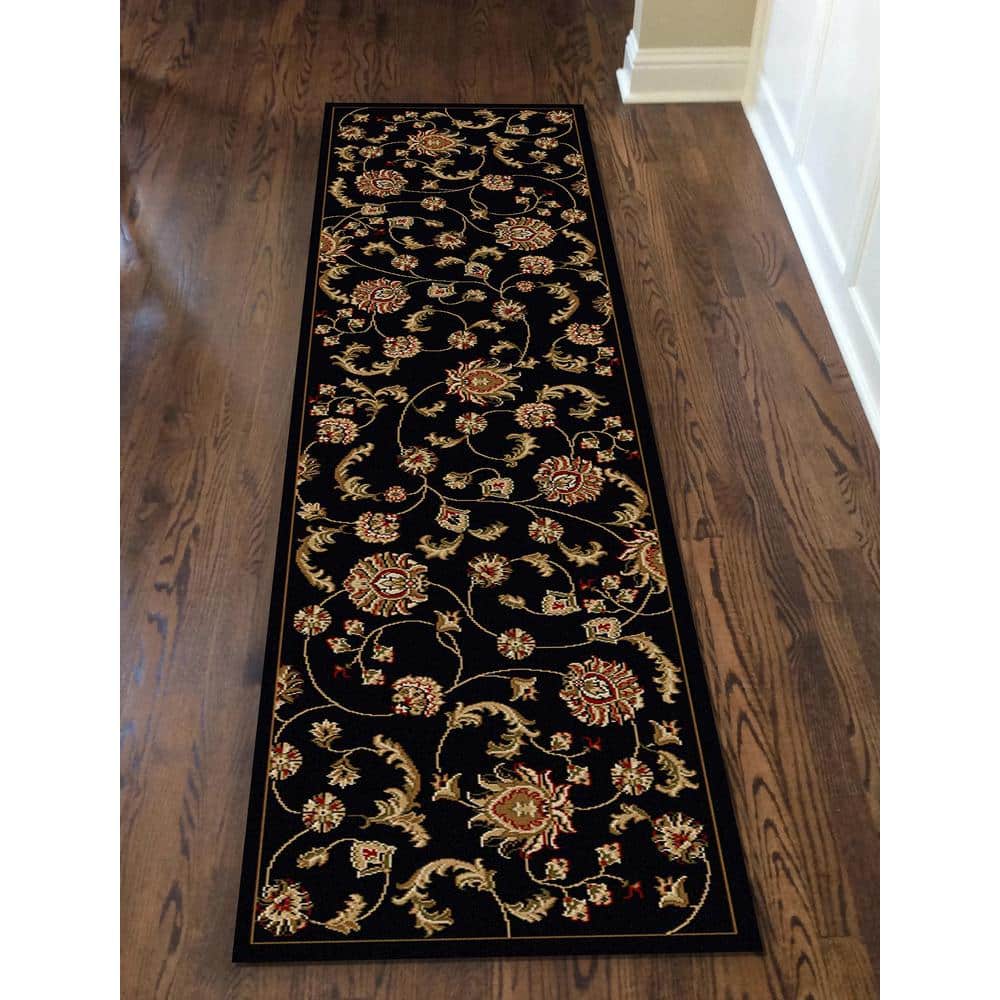 Como Black and Beige Floral Synthetic 8' Runner Area Rug
