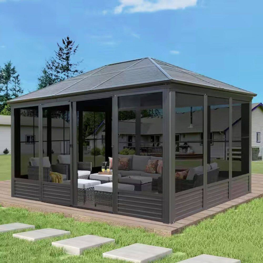 11.2 ft. x 14.6 ft. Gray Aluminum Sunroom Hardtop Gazebo with Galvanized Steel Roof price history on PriceWatchPro