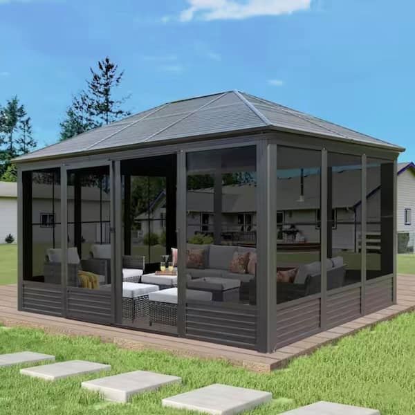 11.2 ft. x 14.6 ft. Gray Aluminum Sunroom Hardtop Gazebo with Galvanized Steel Roof