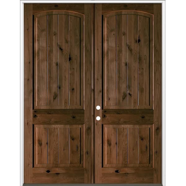 64 in. x 96 in. Rustic Knotty Alder Arch Top VG Right-Hand/Inswing BEHR Espresso Stain Double Wood Prehung Front Door