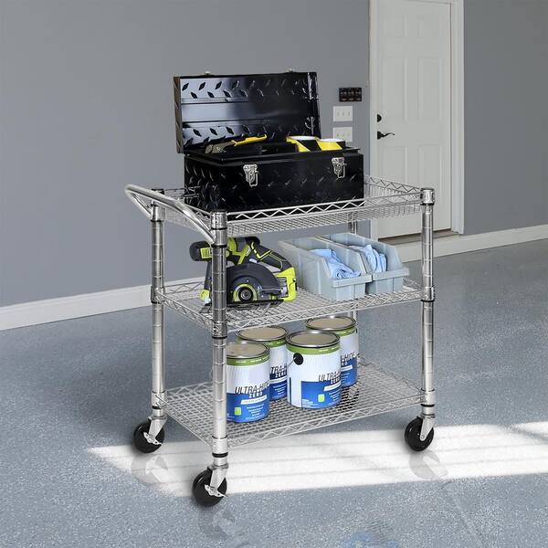 Gray ZXD 3-Shelf Commercial Products Rolling Service/Utility/Push Cart Heavy Duty 200 lbs Capacity for Foodservice/Restaurant/Cleaning 