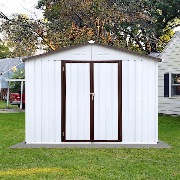Unbranded 8 ft. x 10 ft. Outdoor Metal Storage Tool Shed, 80 sq. ft. Coverage with 2 Lockable Doors, White Coffee