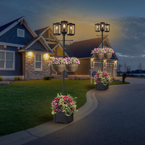 3-Lights Black Stainless Steel Dusk to Dawn Solar Outdoor Waterproof Post Light Set with E26 LED Bulb Included