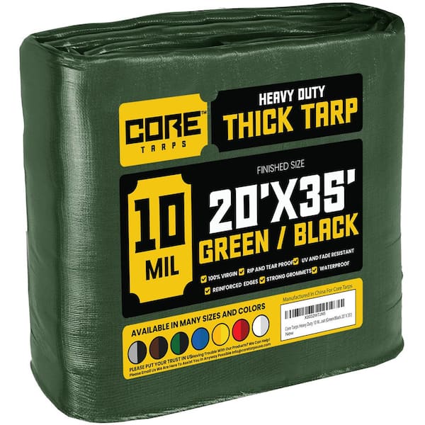 CORE TARPS 20 ft. x 35 ft. Green/Black 10 Mil Heavy Duty Polyethylene Tarp, Waterproof, UV Resistant, Rip and Tear Proof