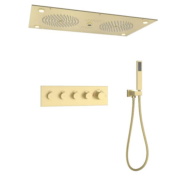 LED Mood Light 4-Spray 27.5 x 15 in. Ceiling Mount Thermostatic Fixed Handheld Dual Shower Head 2.5 GPM in Brushed Gold