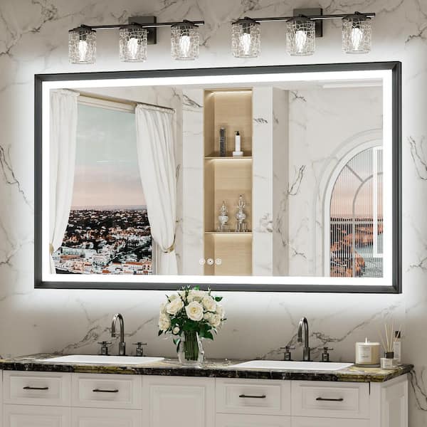 60 in. W x 36 in. H Rectangular Framed LED Lighted Bathroom Vanity Mirror with Light in Black with Backlit and Anti-Fog