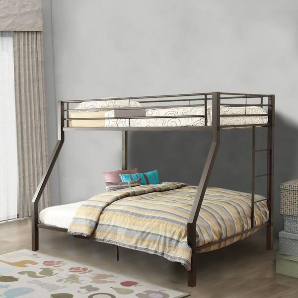 Brown Twin Full Bunk Bed With Metal, Bunk Bed Double Bottom Metal