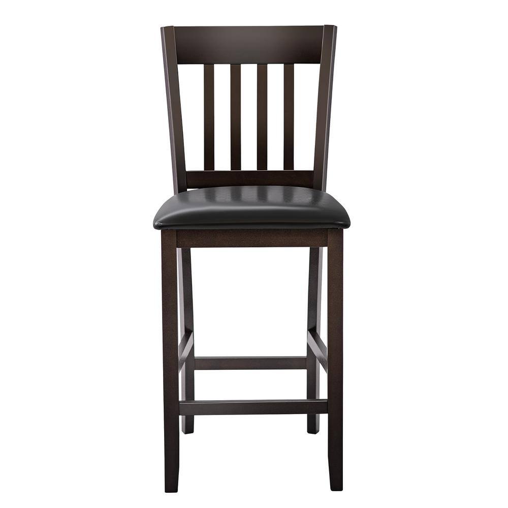 Front view of a brown wood bar stool with a black PU leather seat.
