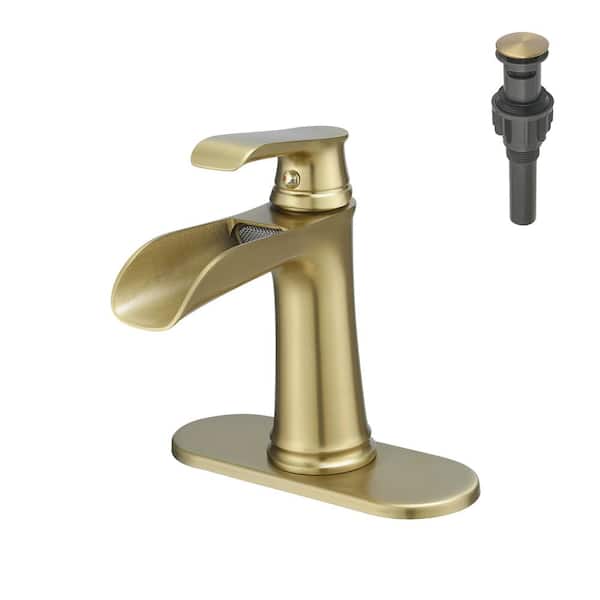 Single Handle Single Hole Bathroom Faucet with Deckplate Included Pop Up Drain and Water Supply Hoses in Brushed Gold