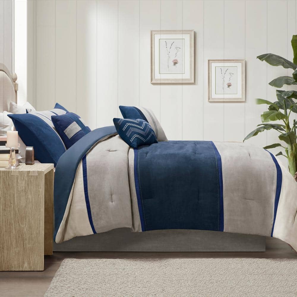 Blue and Beige Queen Reversible Microfiber Comforter Set