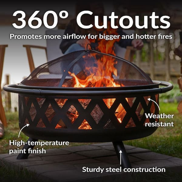 Sunnydaze Black Cross Weave 36 in. x 24 in. Round Steel Wood