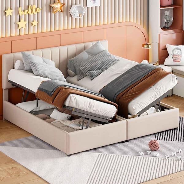 Polibi Beige Wood Frame King Size Platform Bed with a Hydraulic Storage System