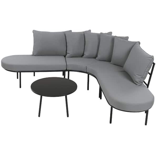 Sudzendf 2-Piece Black Metal Half-Moon Curved Patio Conversation Set with Gray Cushions and Coffee Table